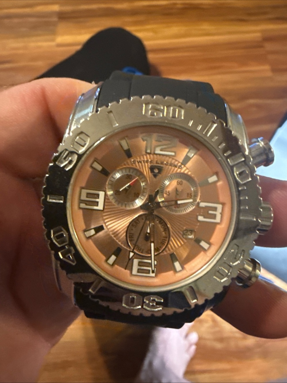Swiss Legend Rose Gold Dial Chronograph with Black Strap